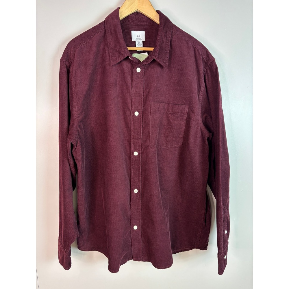 H&M‎ Button Down Shirt XL Burgundy Corduroy Long Sleeve Mens